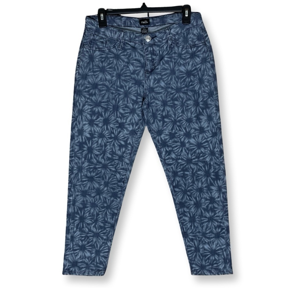Rue21 Floral Boho Ankle Jeans Women 9/10 Blue Mid Rise Skinny Stretch Denim NWOT